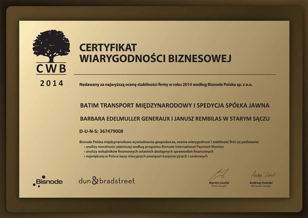 Certyfikat Wiarygodności Biznesowej 2014
